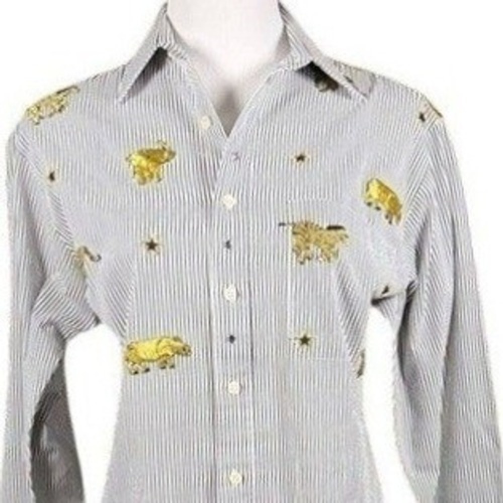 Studz Connection Womens Sm Pinstripe Safari‎ Animal Gold Embroidered Shirt Black